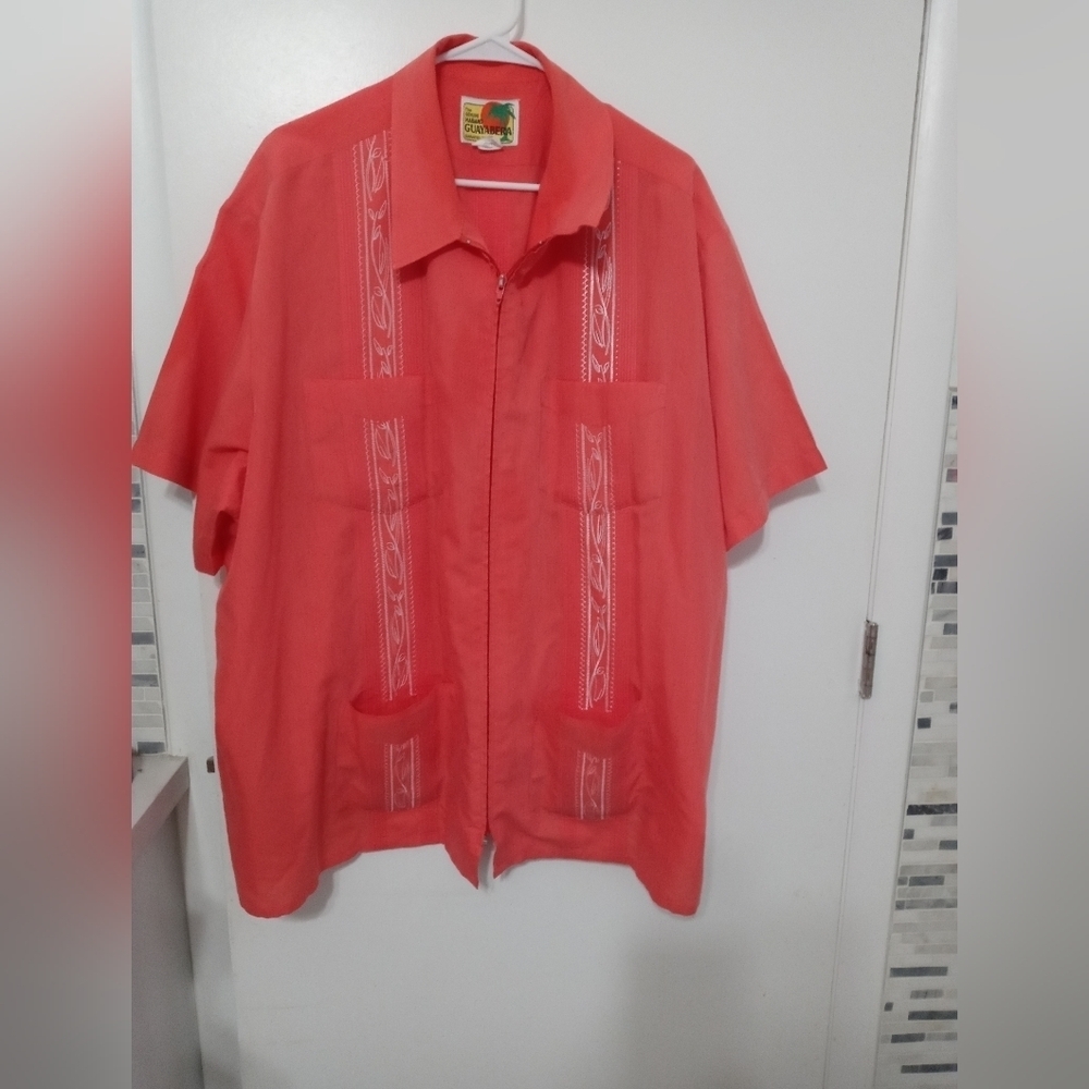 Genuine Haband Guayabera Short Sleeve Full Zip Embroidered Pleated Classic Shirt